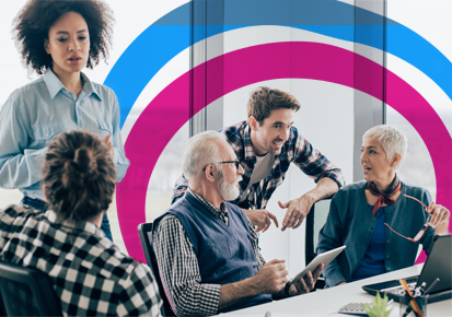 Five age diverse employees having a discussion